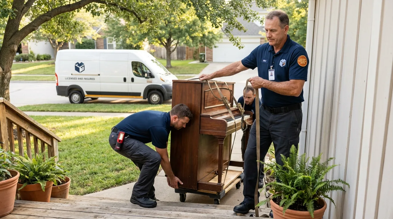 Licensed piano movers securing grand piano in Haleyville, AL