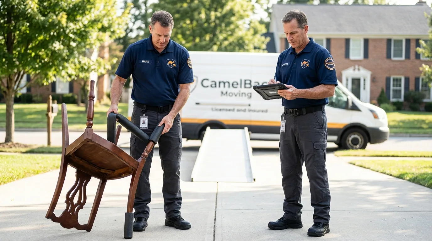 Movers inspecting furniture for damage prevention before loading in Haleyville, AL