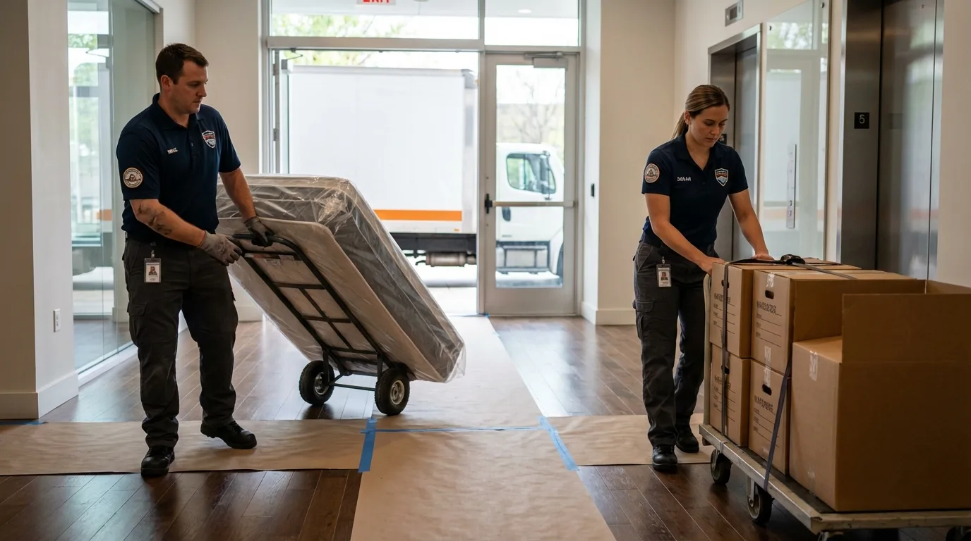 Professional apartment movers loading elevator in Haleyville, AL