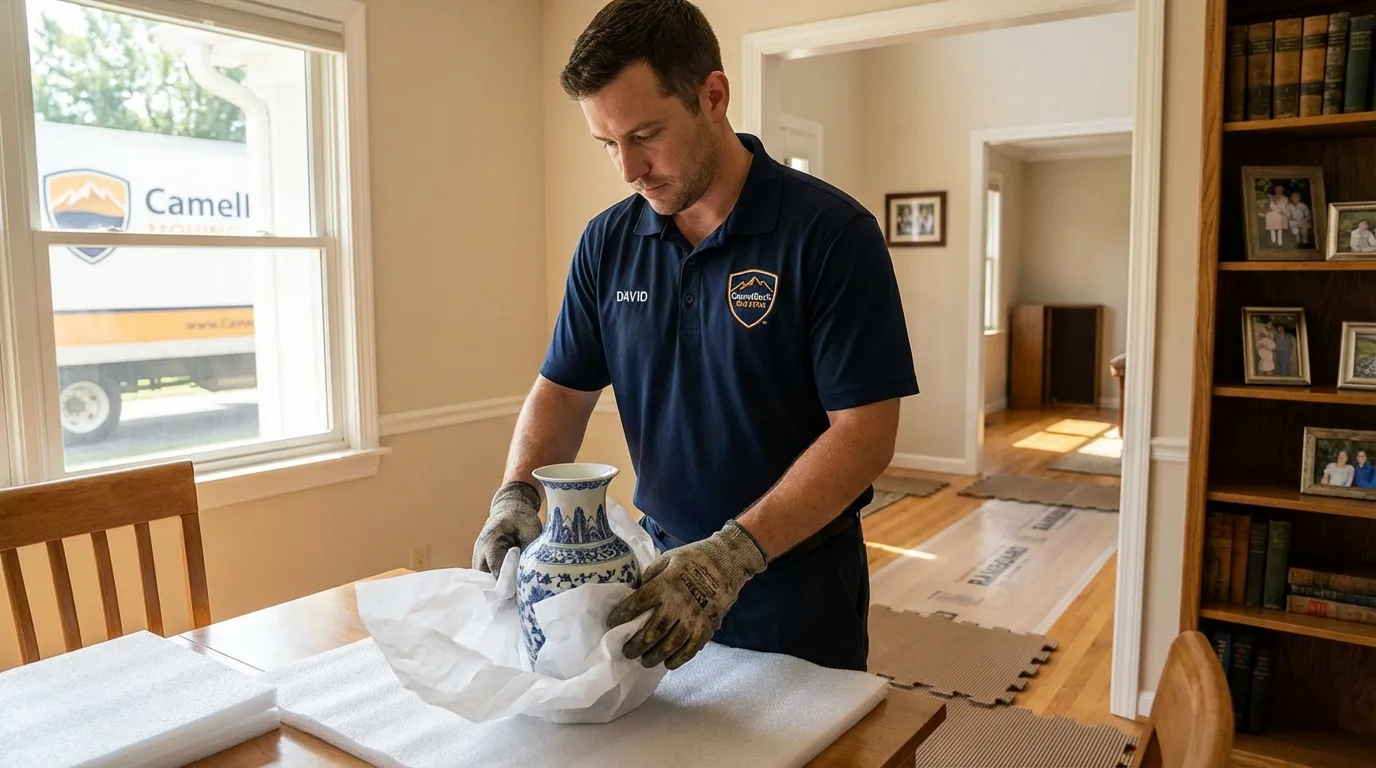 Professional crew carefully wrapping antique vase for senior downsizing move in Haleyville, AL